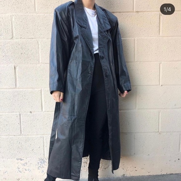 Vintage Jackets & Blazers - Vintage Black Long Leather Trench Coat